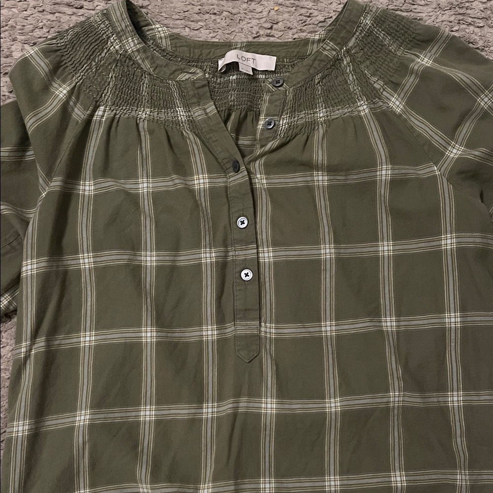 LOFT Olive Plaid Blouse - Picture 3 of 3
